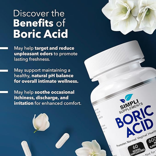 60 Boric Acid Suppositories for Women | BV Treatment for Women | pH Balance Pills | Vaginal Care | Bacterial Vaginosis Treatment Boric Acid (600mg)
