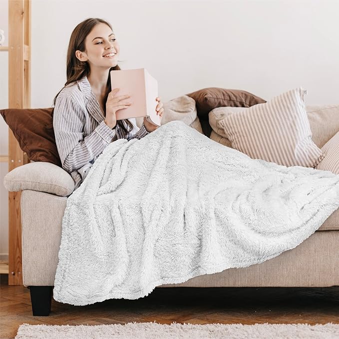 PAVILIA Sherpa Throw Blanket for Couch Sofa, White Fluffy Warm Plush Blanket for Bed, Cozy Super Soft Lightweight Throw, Fuzzy Decorative Blanket, All Season Home, 50x60