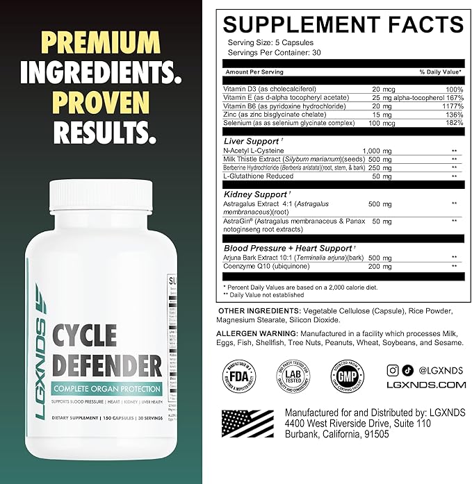 Cycle Defender | Organ Superfood, Liver, Kidney & Heart Health Supplement Pills for Men & Women | Milk Thistle, CoQ10, Astragalus - Immunity, Blood Pressure Support | 150 Capsules
