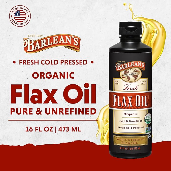 Barlean's Organic Flaxseed Oil Liquid from Cold Pressed Flax Seeds, 7,640mg ALA Omega 3 Fatty Acid Supplement for Joint and Heart Health, Vegan & Gluten Free, 16 oz