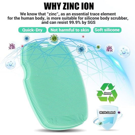 Silicone Body Scrubber Anti Slip for Shower,Zinc Infused Soft Bristles Shower Scrubber for Body Exfoliator,Hygienic,Blood Circulation - Green