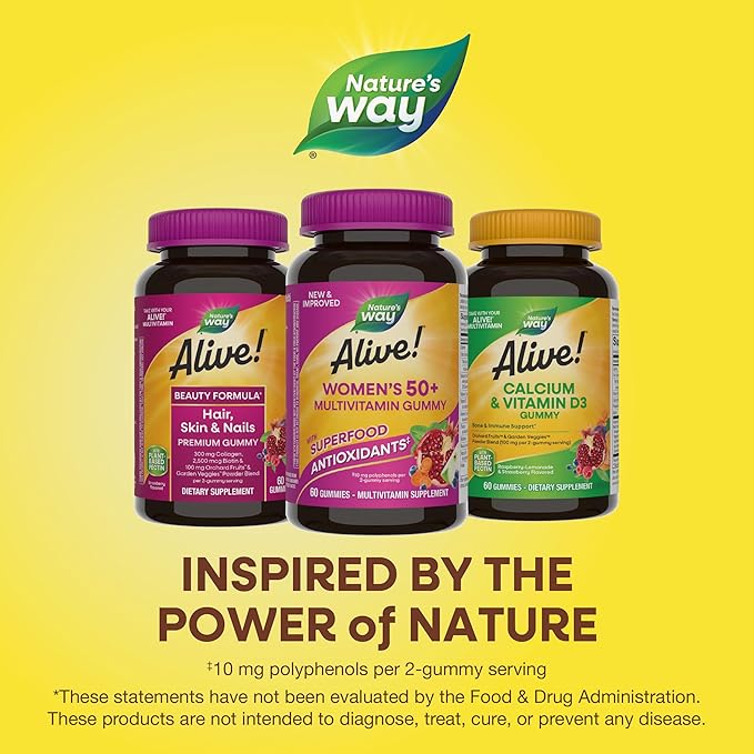 Nature's Way Alive! Women's 50+ Daily Gummy Multivitamins, Women's Supplements, Supports Healthy Heart, Brain & Bones,* B-Vitamins, Mixed Berry Flavored, 60 Gummies (Packaging May Vary)