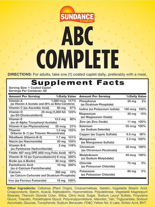 Sundance Multivitamin for Women & Men | With Iron | Mineral Formula ABC Complete | Non-GMO and Gluten Free Supplement