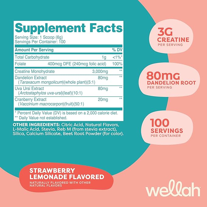Wellah Pump-It-Up Creatine (100 Servings, Strawberry Lemonade) - Creatine Monohydrate with Dandelion, Uva Ursi, & Cranberry Extract