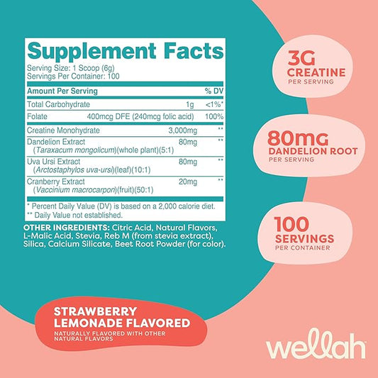Wellah Pump-It-Up Creatine (100 Servings, Strawberry Lemonade) - Creatine Monohydrate with Dandelion, Uva Ursi, & Cranberry Extract
