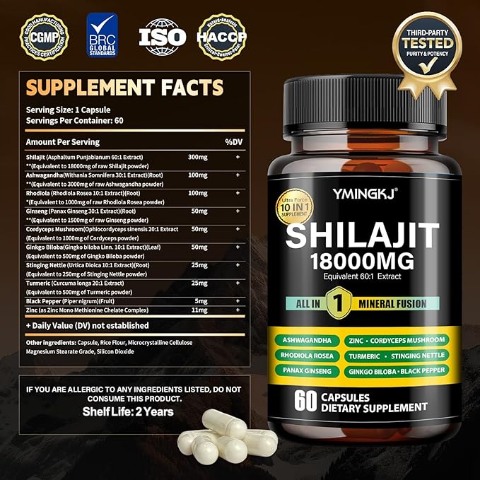 Shilajit Capsules 18000mg with Ashwagandha, Rhodiola Rosea, Panax Ginseng, Cordyceps, Turmeric, Ginkgo, Fulvic Acid Trace Minerals Supplement for Men & Women 60 Count Non-GMO Gluten-Free 2pack