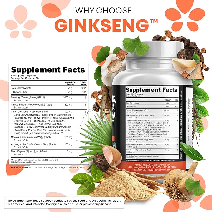 Clean Nutraceuticals Panax Ginseng Ginkgo Biloba Ashwagandha Maca Root - Focus Supplement Pills for Women and Men with Pine Bark Extract, Garlic, and Saw Palmetto - 60 Caps