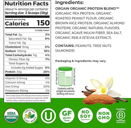 Orgain X Justin's ® Organic Vegan Nut Butter Protein Powder, Vanilla Almond Butter- 20g Plant Protein, 1g Sugar, Gluten Free, No Dairy, Soy Ingredients, or Artificial Flavors, 1.17 lb