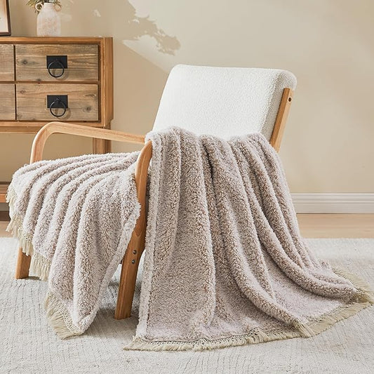 EMME Fuzzy Blanket Soft Fleece Throw Blankets for Women, Fluffy Sherpa Throws((Tassel Khaki,60"x80")