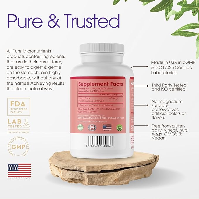 Saffron Supplements - 100% Pure Saffron Extract Capsules - Boost Energy & Mood, Support Eye & Heart Health