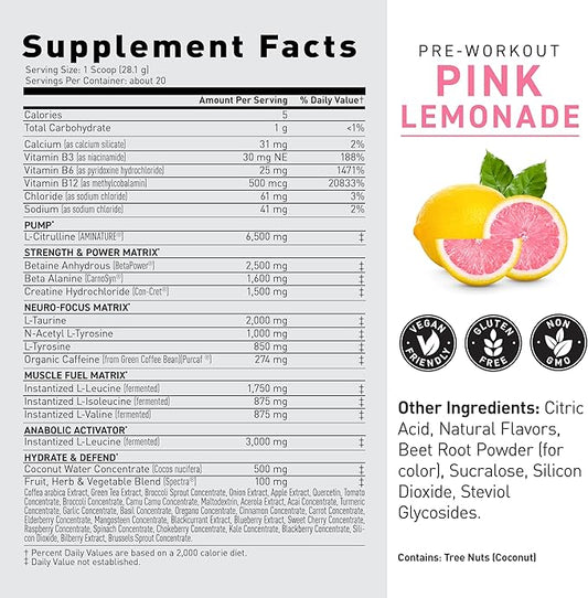 Kaged Original Pre Workout Powder | Pink Lemonade | Pre-Workout with Creatine, Beta Alanine, L-Citrulline, BCAAs | 274 mg Organic Caffeine | Pre Supplements for Men & Women | 20 Servings