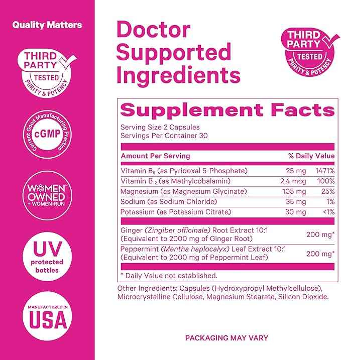 Pink Stork Vitamin B6, Ginger, Electrolyte Capsule - GLP1 Support - Natural Digestive Support with Peppermint, Potassium, Magnesium - Gentle on The Stomach - Motion Sickness Must Haves - 60ct