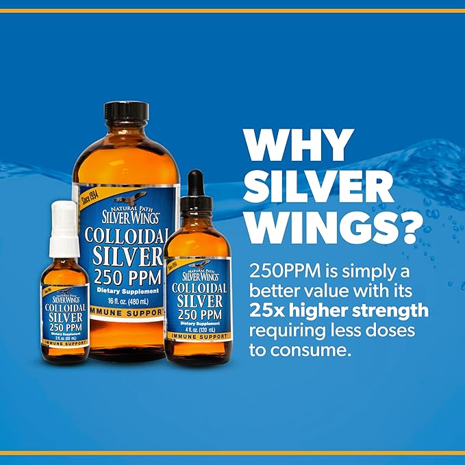 Natural Path Silver Wings Colloidal Silver Liquid - Enhanced Immune Support Supplement - 250ppm (1250mcg) - 4oz Dropper