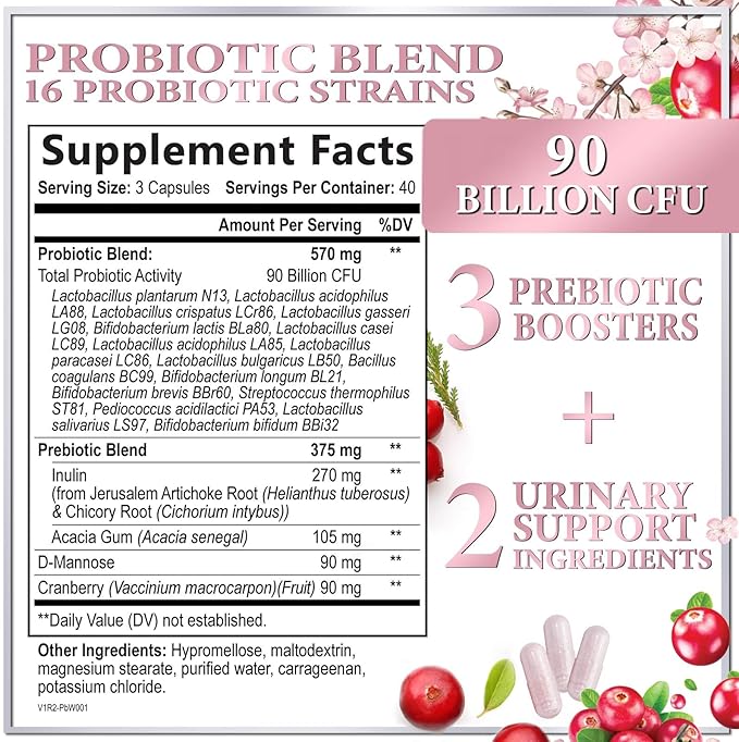 Probiotics for Women Supplement with Cranberry - 16 Premium Strains for PH Balance, Digestive Health, Vaginal & Immune Support, 90 Billion CFU, Women's Probiotic, UT, & Feminine Health - 120 Capsules