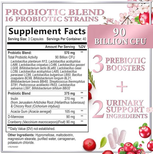 Probiotics for Women Supplement with Cranberry - 16 Premium Strains for PH Balance, Digestive Health, Vaginal & Immune Support, 90 Billion CFU, Women's Probiotic, UT, & Feminine Health - 120 Capsules