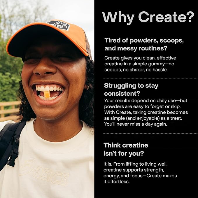 Create Creatine Monohydrate Gummies for Men & Women, Boost Focus, Strength, and Endurance, Anti-Melting Formula, Vegan, Gluten-Free, Non-GMO, 1.5g of Creatine per Gummy (Orange, 90 ct)