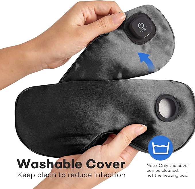 Ezona Silk Cordless Heated Eye Mask, Warm Eye Compress Mask for Dry Eyes, Washable Eye Heating Pad for Travel, Dry Eyes, Blepharitis, Sinus Migraine (Black)