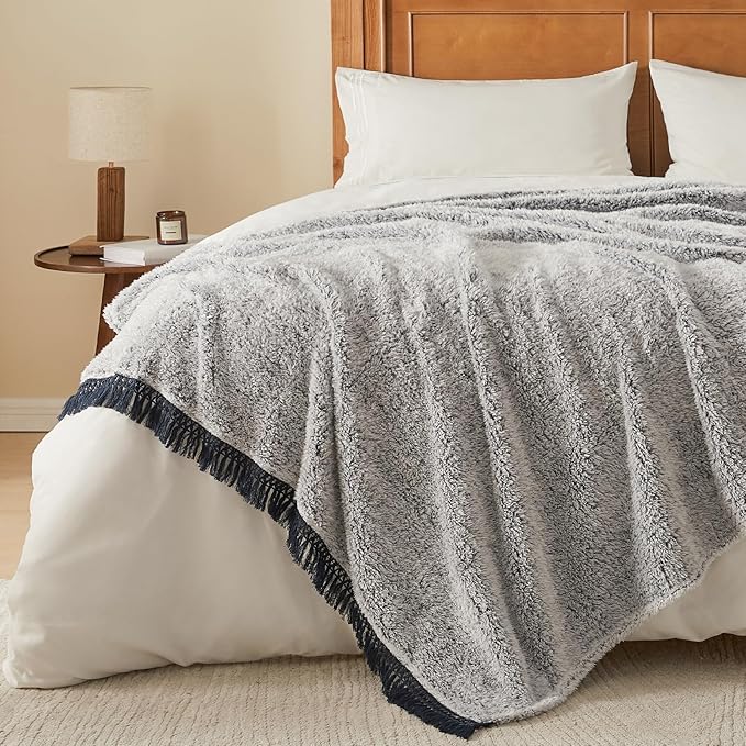 EMME Fuzzy Blanket Soft Fleece Throw Blankets for Women, Fluffy Sherpa Throws(Tassel Navy,60"x80")