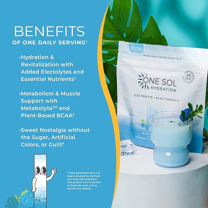 One Sol BCAA & Electrolyte Powder for Hydration & Energy, All-Natural Formula, 100% Vegan, Non-GMO, Gluten Free & Soy-Free, Promotes Muscle Growth & Recovery, Natural Blue Raspberry Flavor