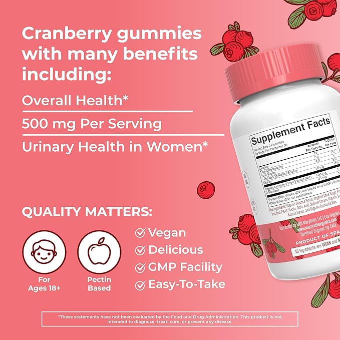 MaryRuth Organics Organic Cranberry Gummies - 500mg Supplement | Urinary Tract Health for Women | with D Mannose | Traditional Use | USDA Organic | Vegan | Non GMO | 30 Servings