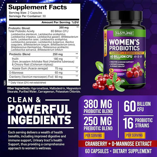 Probiotics for Women - 60 Billion CFUs, 16 Strains, with Cranberry, D-Mannose & Prebiotics - Supports Digestive, Immune, & Vaginal Health - Non-GMO, Dairy & Gluten-Free - 60 Veggie Capsules
