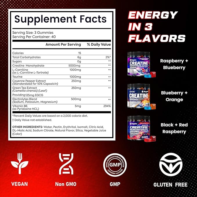 Creatine Monohydrate Gummies Complex 8000mg with L-Carnitine, Electrolyte & Taurine, Flavored and Chewable Creatine for Muscle Growth, Energy & Strength, Pre-Workout Gummies for Men and Women 120pcs