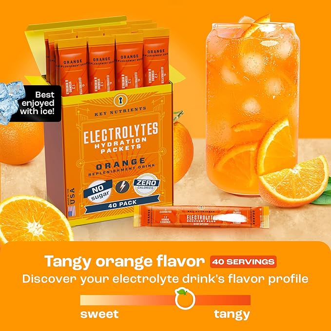 KEY NUTRIENTS Electrolytes Powder Packets - Tangy Orange 40 Pack Hydration Packets - Travel Hydration Powder - Made in USA - No Sugar, No Calories, Gluten Free