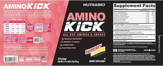 NutraBio Amino Kick – BCAA Powder with Natural Caffeine – Amino Acids Supplement for Energy, Hydration & Recovery – BCAAs, Electrolytes & Amino Acids – Raspberry Lemonade, 30 Servings