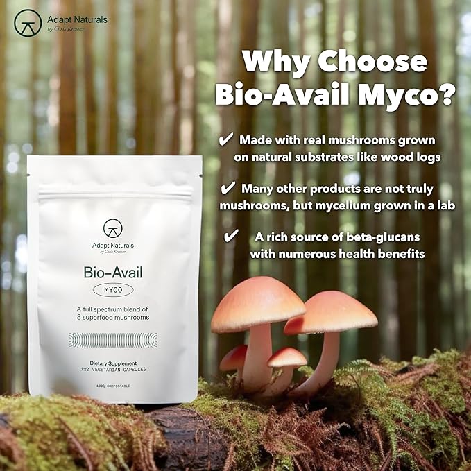 Adapt Naturals Bio-Avail Myco - 8-in-1 Bioavailable Mushroom Supplement Mushroom Complex - Chaga, Cordyceps, Reishi, Lions Mane - Blood Pressure, Memory, Immune - 120 Capsules
