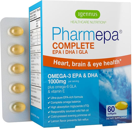 Igennus Pharmepa Complete EPA 668mg & DHA 334mg Omega-3 Fatty Acids 1000mg, IFOS Certified, rTG Form, High Potency Fish Oil Plus Omega-6 & 9 from GLA Evening Primrose Oil, Lemon Flavor, 60 Softgels