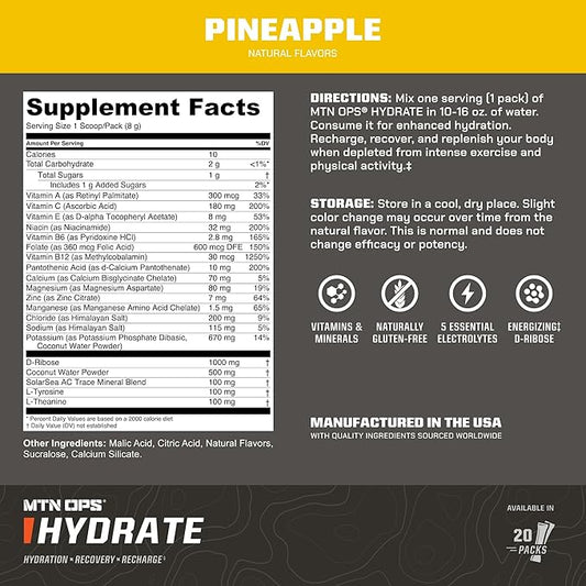 MTN OPS Hydrate Electrolytes Powder Drink Mix, 20 Single Serving On-The-Go Electrolyte Packs with Over 1000mg of Electrolytes per Serving, Pineapple