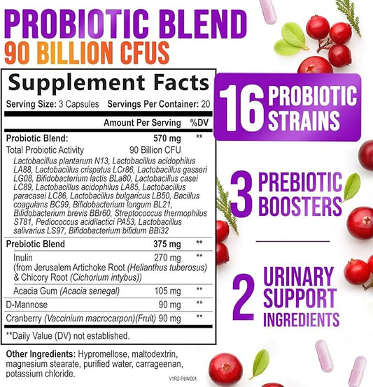 Probiotics for Women - 90 Billion CFU 16 Probiotic Strains with Cranberry, Vaginal Probiotics with Prebiotics PH, Digestive, UT, Immune, & Feminine Health Support, Pro Biotics for Women, 60 Capsules