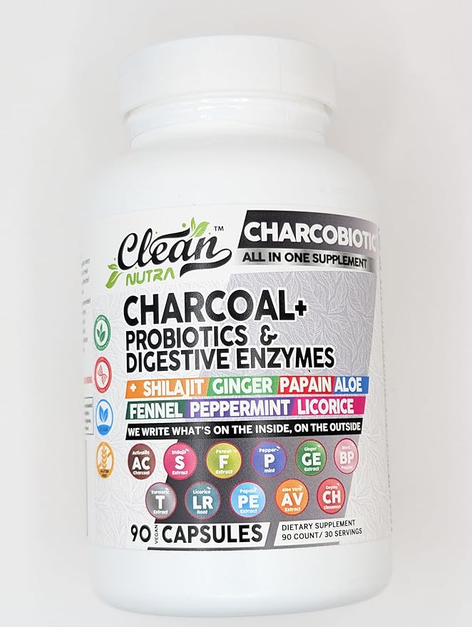 Clean Nutra Activated Charcoal Capsules Shilajit Pills Probiotic Digestive Enzymes for Digestive Health with Peppermint Fennel Licorice Papain Ginger Turmeric | Gut Health