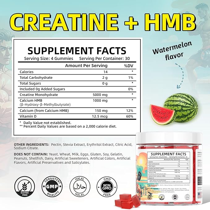 Creatine Monohydrate Gummies HMB Supplements for Men - Creatine and HMB Supplement for Boost Strength Performance Build Muscle Supports and Muscle Growth & Recovery