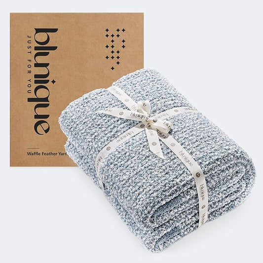 Super Soft Throw Blanket 60 x 80 Inches, Half-Side Plush Fuzzy Blanket for Couch, Sofa, Bed & Chair, Warm Cozy Lightweight Knit Blanket for Fall & Winter Blue