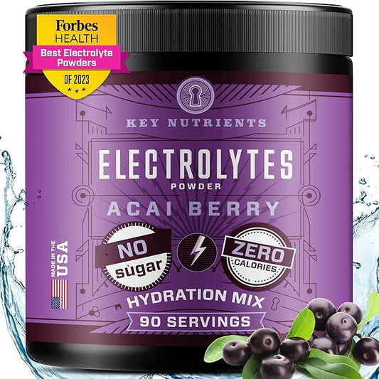 KEY NUTRIENTS Multivitamin Electrolytes Powder No Sugar - Fruity Acai Berry Electrolyte Powder - Endurance & Energy Supplement - Hydration Powder - No Calories - 90 Servings - Made in USA