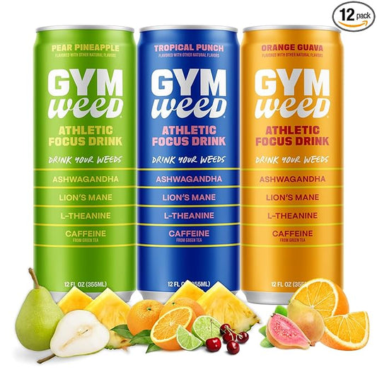 GYM WEED Athletic Focus Drink with KSM-66 Ashwagandha, Lion's Mane Mushroom, L-Theanine, 200mg Green Tea Caffeine with Natural Sweeteners Variety Pack of flavors, 12 Pack
