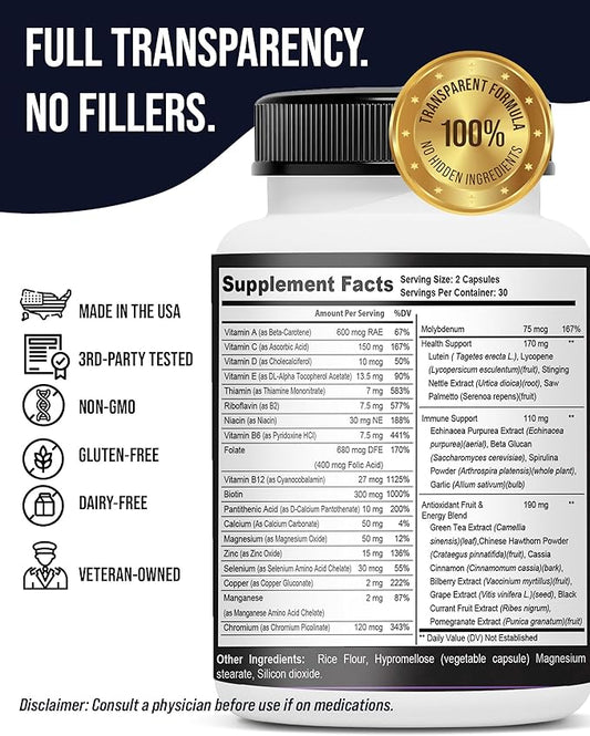 Elite Vitals – Mens Daily Multivitamins with Vitamin B12, Gluten Free Immune Support Supplement for Prostate, Joint & Energy with Zinc, Green Tea, +20 Essential Vitamins – 60 Caps