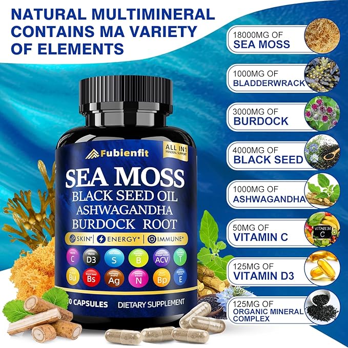 (2 Pack) Organic Sea Moss Capsules - Contain seamoss Black Seed Oil ashwagandha Burdock Root Ginger & Essential Vitamins - Superfood for Immune Boost, Digestive Health, and Overall Wellness