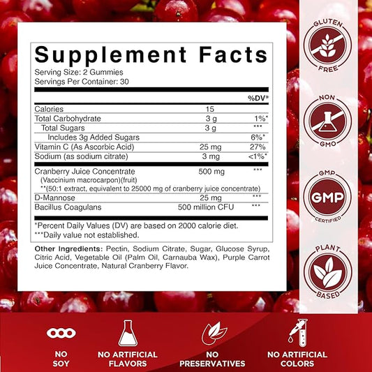 Vitamatic 2 Pack Vegan Cranberry Gummies with D-Mannose, Probiotic & Vitamin C for Women Urinary Tract Health - 25000mg Equivalent Per Serving (from 50:1 Extract 500 mg) - 60 Count