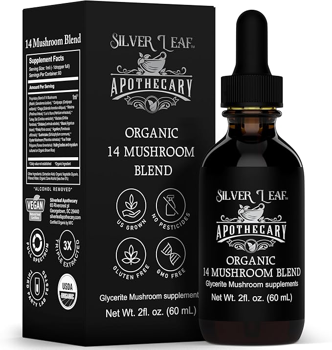 Organic Mushroom Supplement Tincture Extract of Reishi, Chaga, Cordyceps, Lions Mane, and More for Immune Support, Blend of 14 Triple-Extracted Mushrooms for Memory Focus & Vitality - 2 Fl Oz