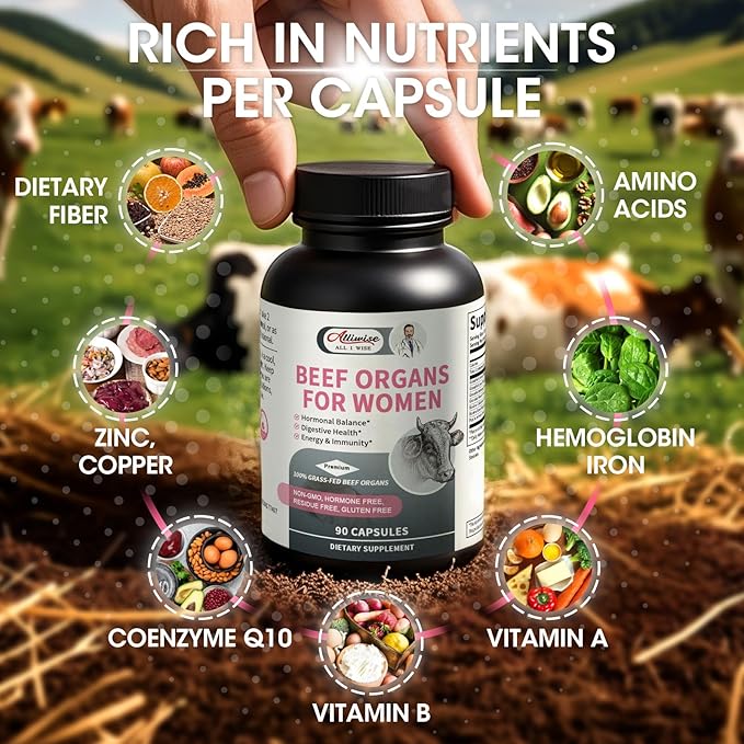 Beef Organ Supplement for Women - Grass Fed Beef Liver Uterus* Adrenals Heart Bone Marrow Colostrum for Female Hormo*nal Diges*tive Ener*gy Immunity* Beauty* | Non-GMO Gluten-Free (90 Capsules)