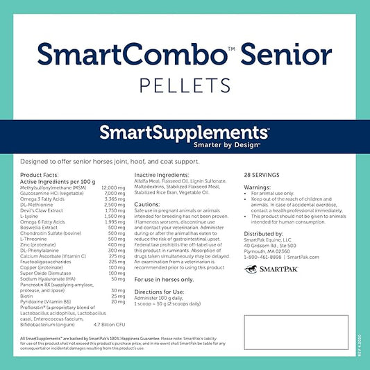 SmartCombo Senior Pellets | Joint, Hoof, Skin, and Coat Supplement For Senior Horses | Contains Glucosamine, Hyaluronic Acid, MSM, Devil's Claw, Biotin, and More | 28 Servings | 6.2 lb Bag
