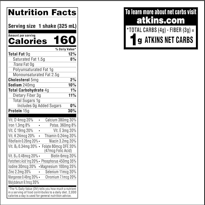 Atkins Creamy Vanilla High Protein Shake, 15g Protein, Low Glycemic, Low Carb and Low Sugar Shakes, Keto Friendly, 12 Vanilla Flavored Protein Shakes