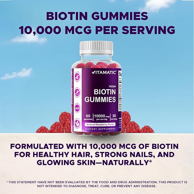 Vitamatic Biotin Gummies 10,000 mcg for Stronger Hair, Skin & Nails - 60 Vegan Gummies - Also Called Vitamin B7 (2 Bottles)