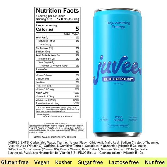 Juvee Rejuvenating Energy Drink. Sugar Free Energy Drinks. Taurine, Vitamin B12, Vitamin B6. 128 Mg Of Caffeine. L-Theanine For Mood Support. Panax Ginseng For Focus. Vitamin C For Immune Support. Gluten Free 12 oz - 12 Pack - Blue Raspberry