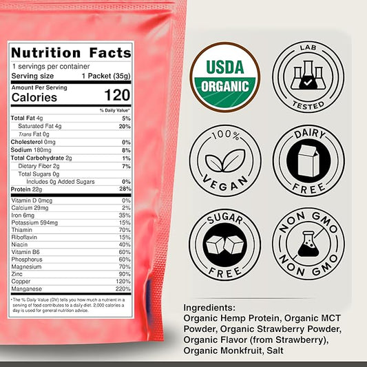 Organic Hemp Protein Powder, Plant Based and Vegan Protein Shake, Lactose and Dairy Free, Gluten Free, Clean and Natural- Strawberry (1 Serving)