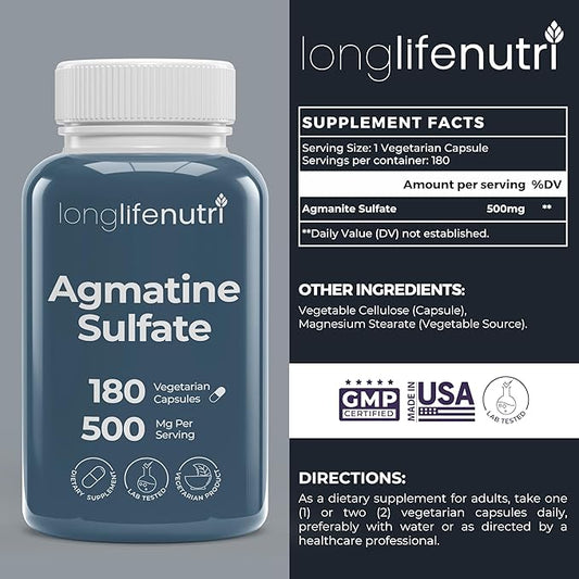 Agmatine Sulfate 500 mg, 180 Vegetarian Capsules (6-Month Supply), Dietary Supplement, Made in USA