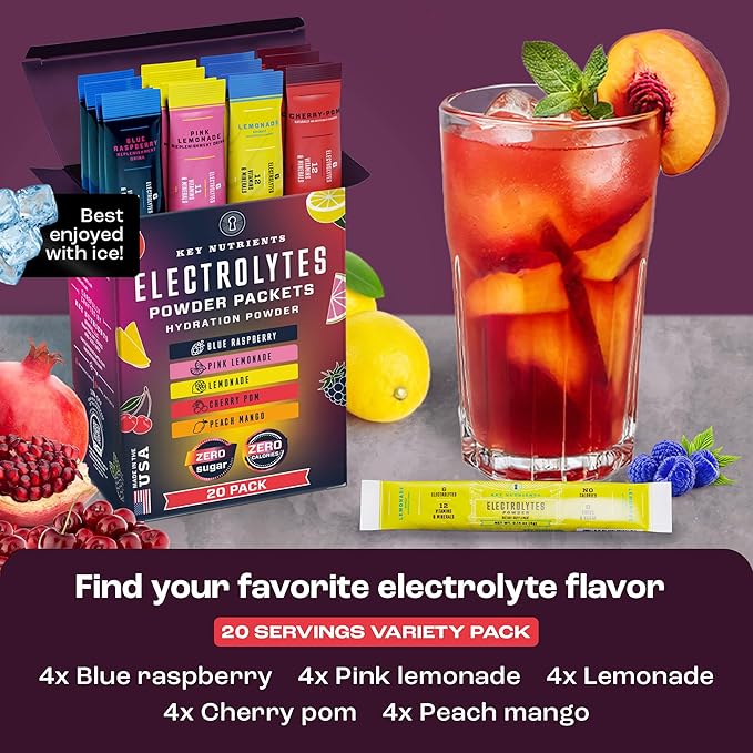 KEY NUTRIENTS Electrolytes Powder Packets 20 Pack - No Sugar, 5 Delicious Flavors, Hydration Packets with Electrolyte Powder for Refreshing Electrolyte Drink Mix Packets - Zero Calories
