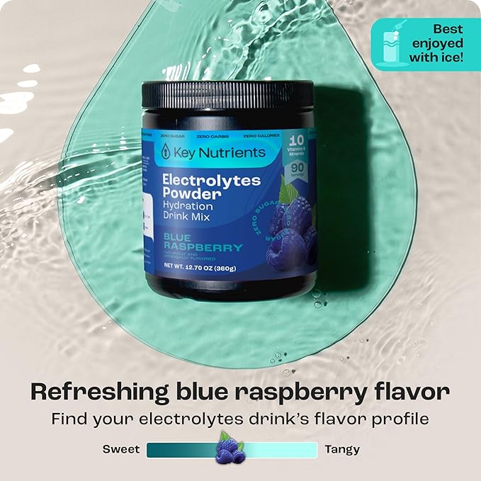 KEY NUTRIENTS Multivitamin Electrolytes Powder No Sugar - Sweet Blue Raspberry Electrolyte Powder - Endurance & Energy Supplement - Hydration Powder - No Calories - 90 Servings - Made in USA